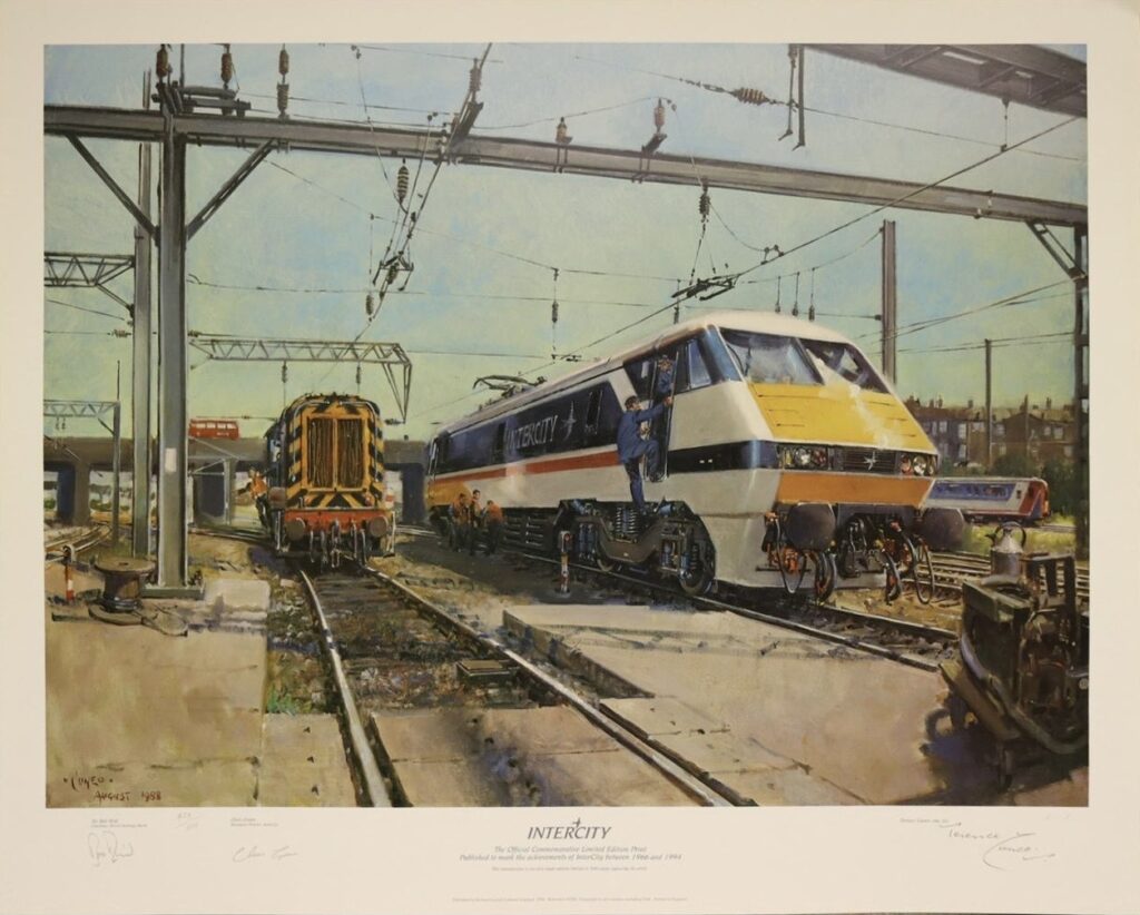 Terence Cuneo Intercity, Signed Print. A commemorative print, of an original by Terence Cuneo, issued to mark the achievements of InterCity between 1966 and 1994. The print shows a class 91 locomotive at Bounds Green Depot. The edition is limited to just 500 and the print is signed by the artist Terence Cuneo. The print is also countersigned by two chairman of BR, Chris Green and Sir Bob Reid.