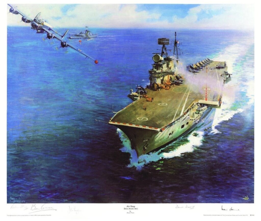 “Air Drop Beira Straits” 1967 Print by the late Sir Terence Cuneo, LE. Air Drop Beira Straits' 1967 print by the late Sir Terence Cuneo. Featuring 4 signatures, including A.E. 'Ben' Gunn, Spitfire pilot who shot down the last V1 Flying Bomb over England in 1944, Gp. Capt. Dennis David DFC who destroyed 11 enemy aircraft in just 5 days during the Battle of France, Gp Capt. Cunningham CBE a fighter ace with 19 night time kills to his credit, and Wg. Cdr. Paddy Barthrop DFC a Spitfire pilot with 9 kills to his credit despite being shot down three times and held as a prisoner of war for 3 years. Size 60 x 84cm. Limited edition of 850.