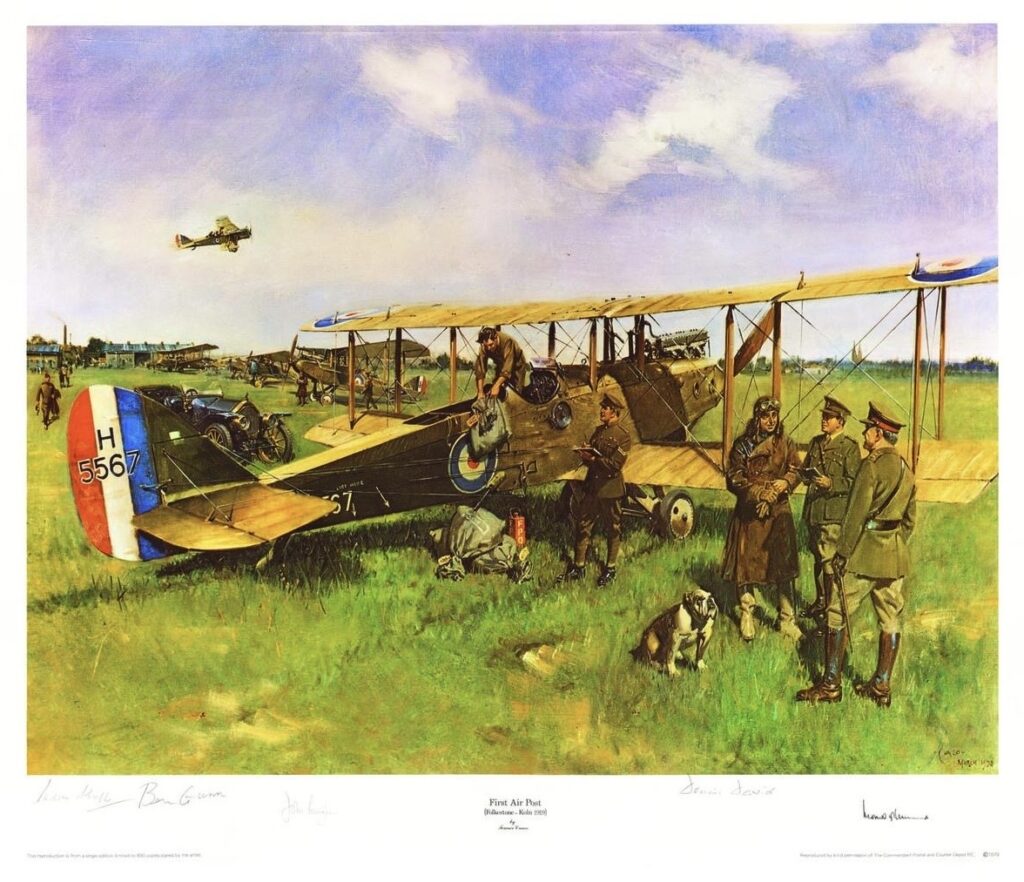 “First Air Post” Folkestone to Koln Print by Sir Terence Cuneo. First Air Post' Folkestone to Koln print by the late Sir Terence Cuneo. Featuring 4 signatures, including A.E. 'Ben' Gunn, Spitfire pilot who shot down the last V1 Flying Bomb over England in 1944, Gp. Capt. Dennis David DFC who destroyed 11 enemy aircraft in just 5 days during the Battle of France, Gp Capt. Cunningham CBE a fighter ace with 19 night time kills to his credit, and Wg. Cdr. Paddy Barthrop DFC a Spitfire pilot with 9 kills to his credit despite being shot down three times and held as a prisoner of war for 3 years. Size 60 x 84cm. Limited edition of 850.