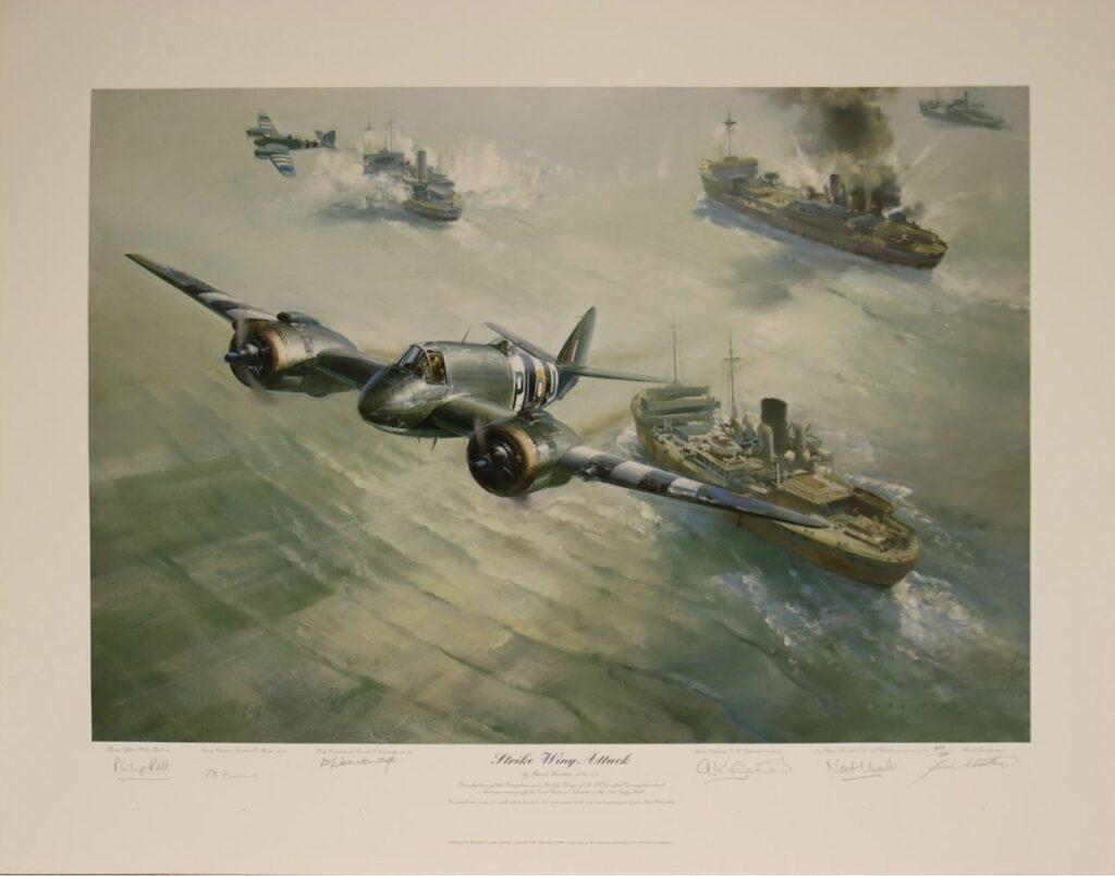 “Strike Wing Attack” Print Signed by Wootton & 5 Others. A stunning print by Frank Wootton, showing one of the most spectacular attacks in the history of the Strike Wings, which took place on 21st July 1944. Four squadrons engaged a large protected convoy with over 30 escort ships off the East Friesian Islands. The protecting flak ships carried up to 72 anti-aircraft guns and on this occasion were firing 'chute and cable', parachute supported cables, designed to bring down attacking aircraft. Warrant Officer Pilip Brett's Beaufighter dropped a torpedo, while one of the other aircraft attacked another ship with rockets. Two ships were sunk, one credited to Philip Brett, others damaged, and all the aircraft returned safely. The print is signed by Frank Wootton and 5 pilots: Philip Brett, Group Captain Richard Burns, Wing Commander David Cartridge, Group Captain Gatward and Air Chief Marshal Sir Neil Wheeler. Issued in a numbered limited edition of 850.