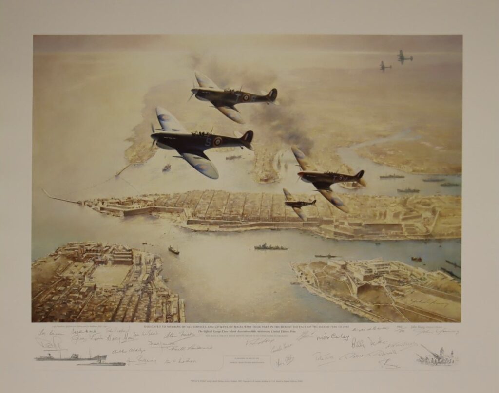George Cross Island Association 60th Anniversary Limited Edition Signed Print. A superlative print marking the extraordinary bravery of the RAF in defending the vital strategic island and the stoic resistance and courage of its people, which inspired King George VI to award the island the George Medal, the highest civilian award available. The print is from an original painting by John Young VPGAvA, VPASAA and shows a section of Spitfires from No. 249 Squadron climbing up over Valletta at the height of the Battle for Malta. 249 Squadron would end the war as the highest-scoring fighter squadron in the RAF. The print is signed by the artist and 24 distinguished survivors of the siege. RAF personnel: Sqn. Ldr. A. Aldridge, Sqn. Ldr. C. Bamberger, AM Sir Ivor Broom, Gp. Capt. B. Drake, Flt. Lt. D. Robertson, Flt. Lt. P. Rothwell and Flt. Lt. A. Thompson. Royal Navy personnel: Cdr. M. Crosley, POF. Jewett, Vice-Adml. Sir Ian McGeoch, Merchant Seaman Gunner R. Linton, Vice-Adml. Sir John Roxburgh and Lt. Cdr. P. Twiss. Army personnel: Lt. S. Fraser and Sgt. F. Rixon. Maltese citizens: Lt. Col. Chevalier A. Bonello, Brig. G. Micallef, Dr. C. Tabone and Chief Nursing Officer C. Turner. Limited edition of just 500,