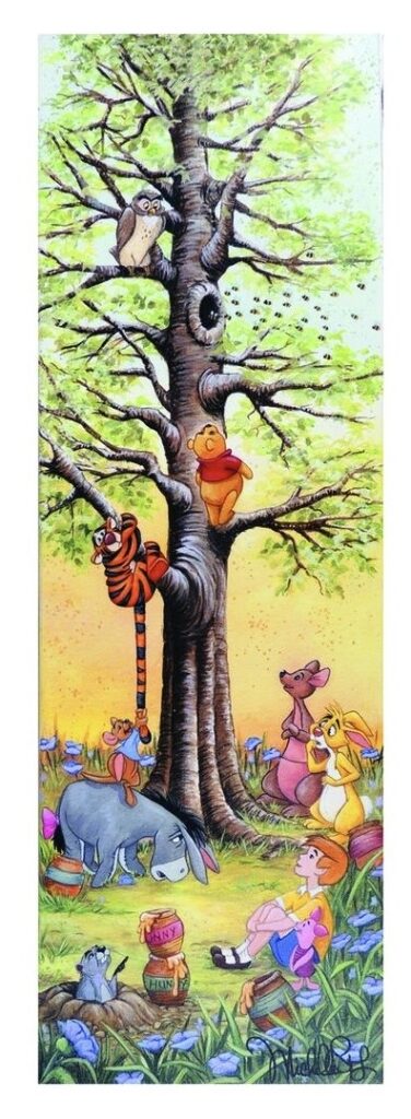 Disney Tree Climbers Limited Edition Canvas Print. A delightful print by Disney Fine Art depicting Winnie the pooh and all his friends. Issued in a limited edition of 1500. Measures 24 x 8. Comes with a certificate of authenticity.