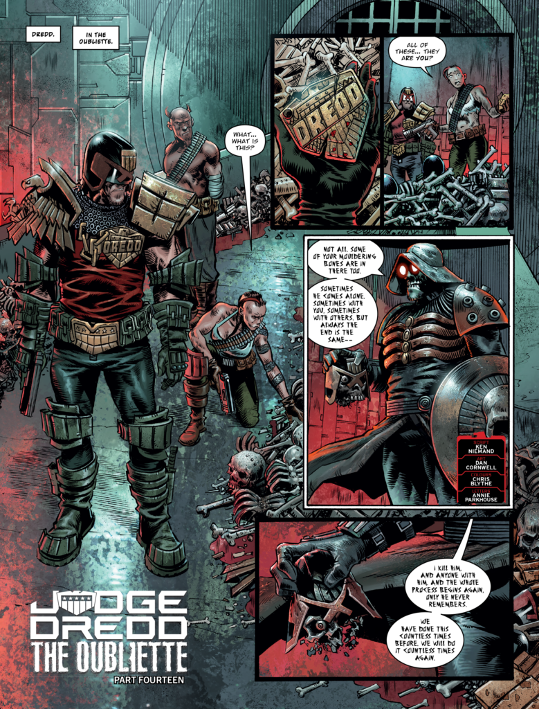 2000AD Prog 2496 - JUDGE DREDD // THE OUBLIETTE
By Ken Niemand (Writer) Dan Cornwell (Artist) Chris Blythe (Colourist) Annie Parkhouse (Letterer)