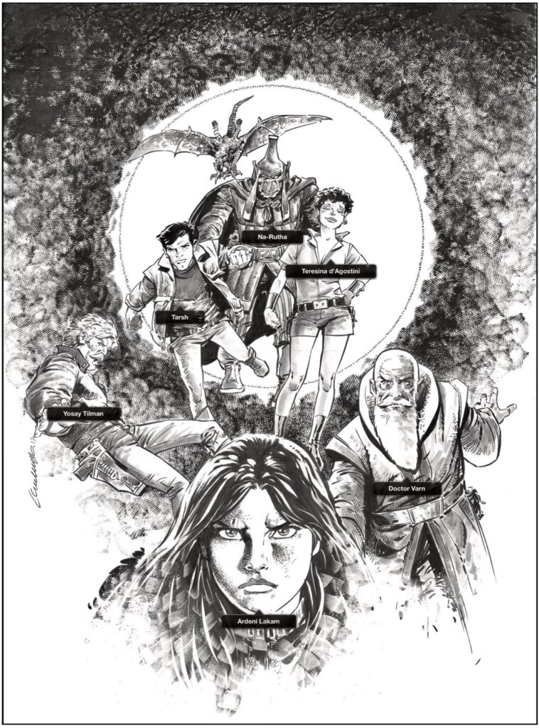 Mock-up page by Jesús Redondo Román for mooted second series of Mind Wars, subtitled “Daughter of the Green Star”. Never happened, sadly. The untagged reptile is Klee-Fang's tearaway son, Kree-Fang, the one they had to keep locked up to stop him ripping dad to pieces!