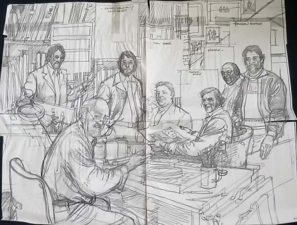 John M. Burns “British Comics Legends” pencils featuring Sydney Jordan, John himself, Ron Embleton, Frank Hampson, Frank Bellamy, Brian Lewis and Don Lawrence, alongside some of the best known characters they drew