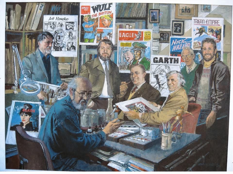 John M. Burns “British Comics Legends” featuring Sydney Jordan, John himself, Ron Embleton, Frank Hampson, Frank Bellamy, Ron Turner and Don Lawrence, alongside some of the best known characters they drew