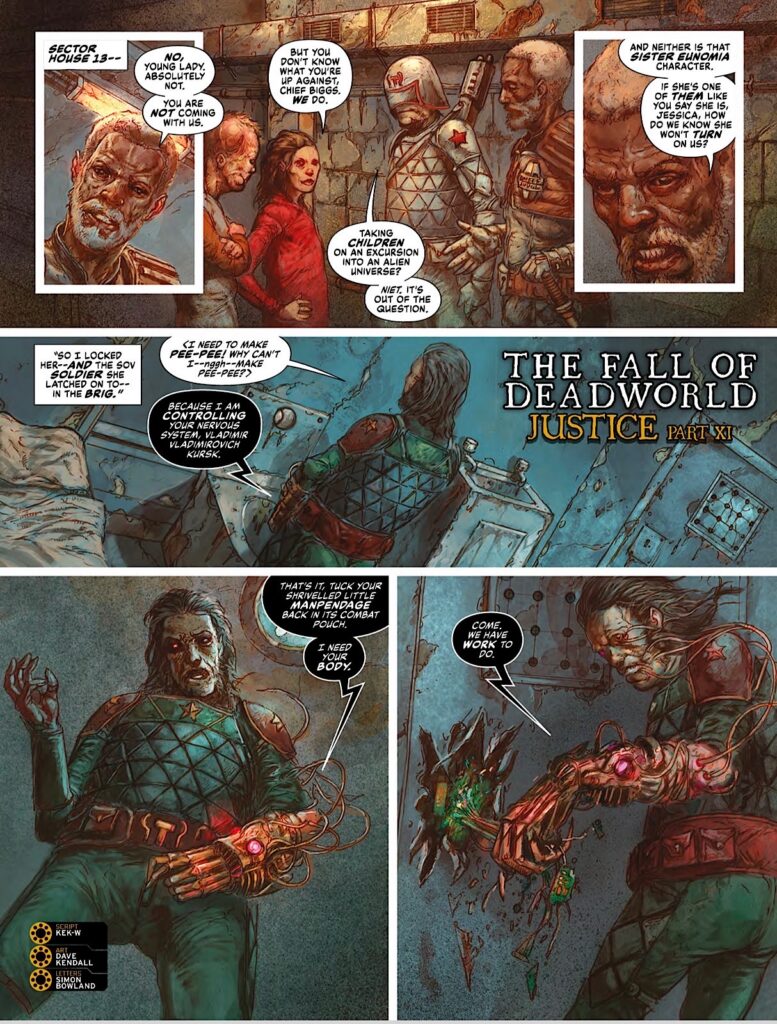 2000AD Prog 2497 - THE FALL OF DEADWORLD // JUSTICE By Kek-W (Writer) Dave Kendall (Artist) Simon Bowland (Letterer)