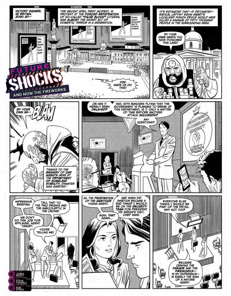 2000AD Prog 2497 - FUTURE SHOCKS // AND NOW THE FIREWORKS By James Peaty (Writer) Steve Yeowell (Artist) Rob Steen (Letterer)