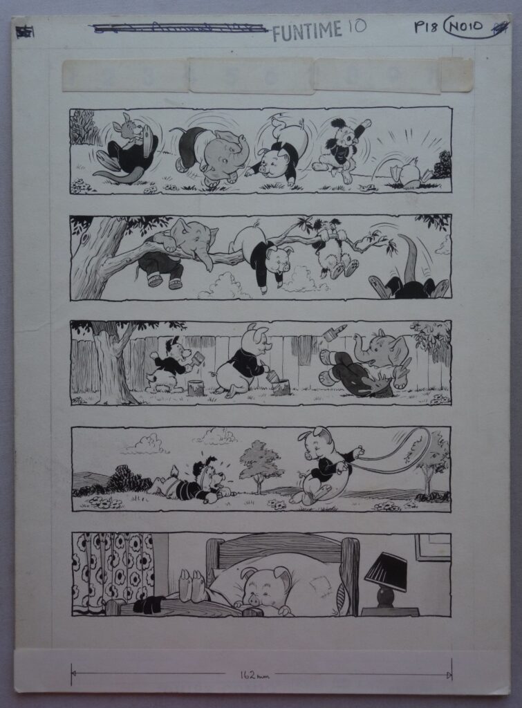 An original page of comic artwork which is causing confusion as to where it was published. At the top is written in pen "J & J Annual 1981" which we presume means the Jack and Jill annual. This has been crossed out and next to it has been stamped "FUNTIME 10", but at the very bottom edge (covered with a sticker) it says "CHIPS COMIC 09 JUL 1983", so it's a bit of a mystery. That said, the reverse side says "Chips 9/7/1983" so perhaps that's where it was published later (maybe it was re-used)