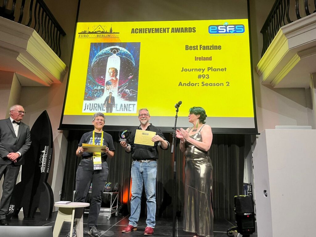 In addition to his presentation on Holocaust Comics, James Bacon received the European Science Fiction Society Award for Best fanzine at Eurocon, for Journey Planet Issue #93: Andor: Season Two, co-edited with Allison Hartman and Christopher J Garcia