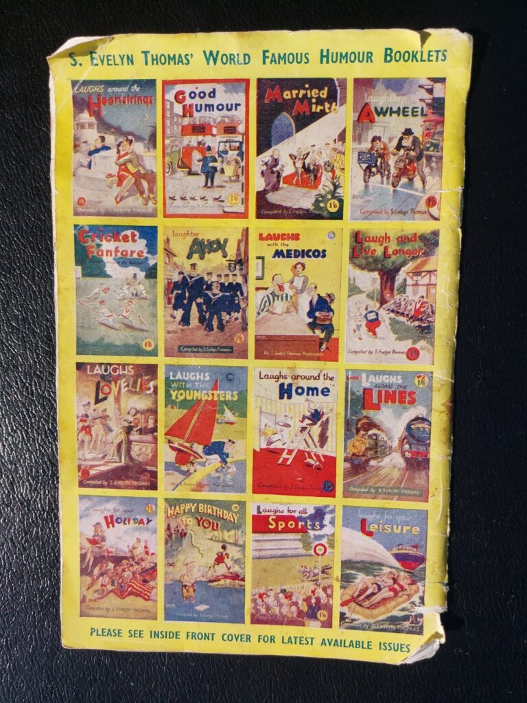 This advertisement on the back cover of "Laughs with the Navy No. 2" reflects the range of titles from S. Evelyn Thomas, some featuring covers and cartoons by Carl Giles