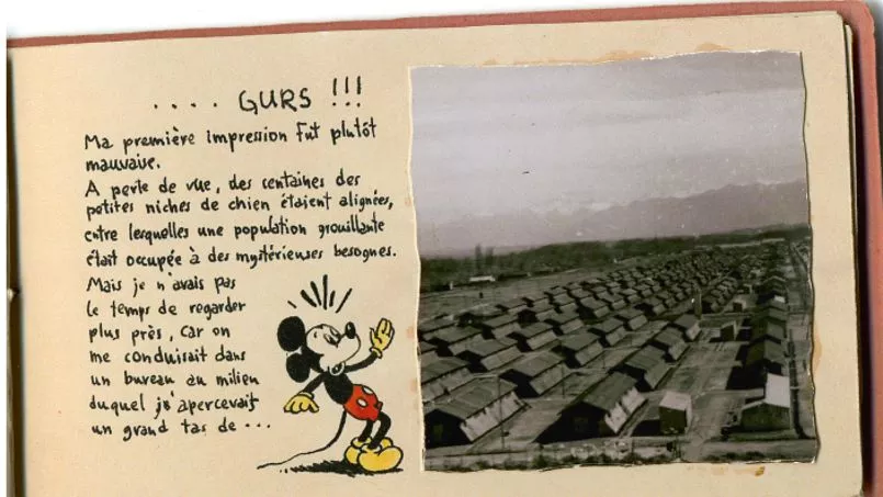 A page from Mickey au Camp de Gurs (Mickey Mouse in the Gurs Internment Camp), a poignant 1942 handmade comic book created by Horst Rosenthal, a German-Jewish artist imprisoned in the Vichy French internment camp at Gurs. Preserved in the collection of the Mémorial de la Shoah in Paris, it is recognised as one of the earliest surviving works of sequential camp art documenting the Holocaust from the inside