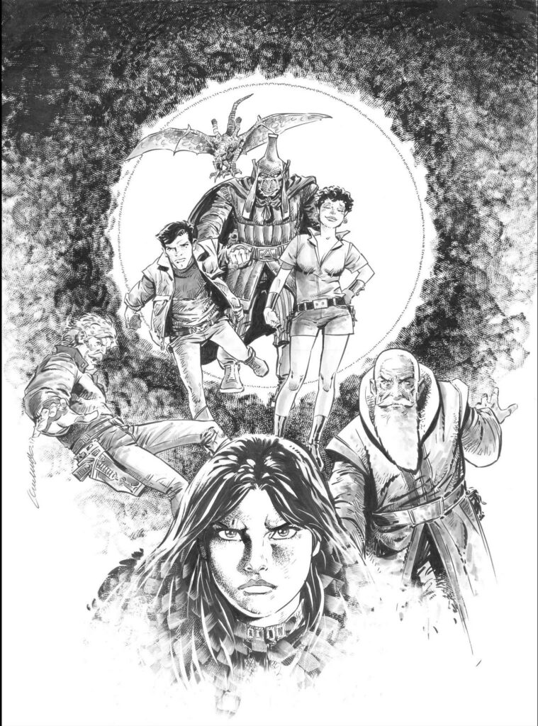 Mock-up page by Jesús Redondo Román for mooted second series of Mind Wars, subtitled “Daughter of the Green Star”. Never happened, sadly. The untagged reptile is Klee-Fang's tearaway son, Kree-Fang, the one they had to keep locked up to stop him ripping dad to pieces