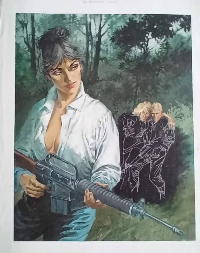 An unfinished cover by the late John M. Burns for an edition of "The Impossible Virgin" by Peter O'Donnell. With thanks to Colin Brown