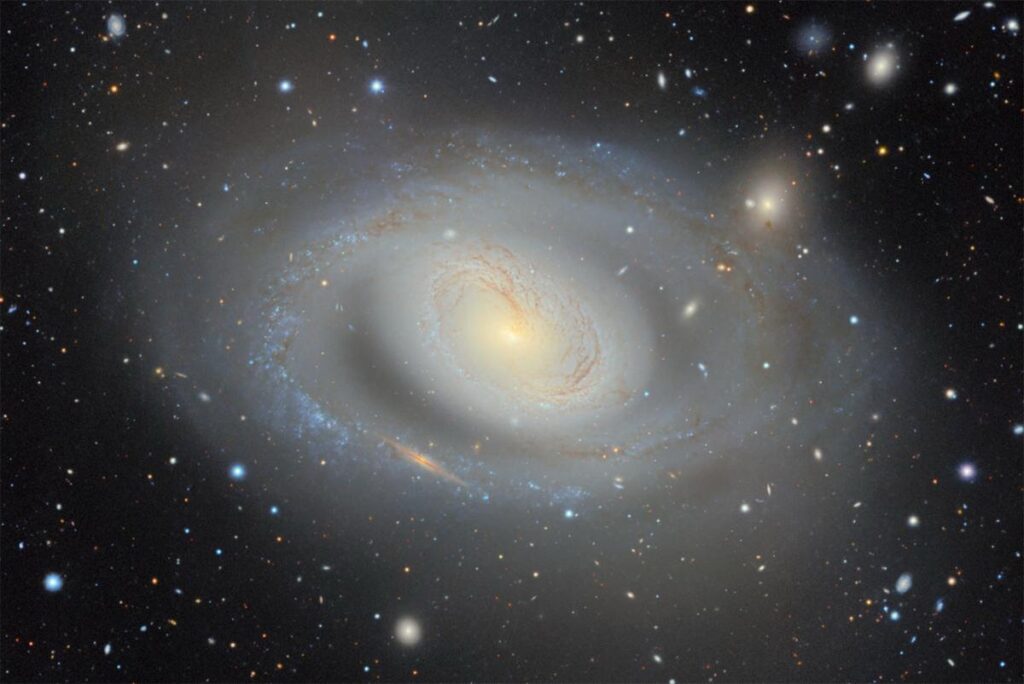 Among the nearly 4 billion objects in the DESI Legacy Imaging Surveys’ map is the galaxy Messier 96, a spiral galaxy approximately 35 million light-years from Earth. This image was captured with the 570-megapixel Department of Energy-fabricated Dark Energy Camera (DECam) mounted on the U.S. National Science Foundation Víctor M. Blanco 4-metre Telescope at NSF Cerro Tololo Inter-American Observatory (CTIO) in Chile, a Program of NSF NOIRLab. (Credit: DESI Legacy Imaging Surveys/LBNL/DOE & KPNO/CTIO/NOIRLab/NSF/AURA)