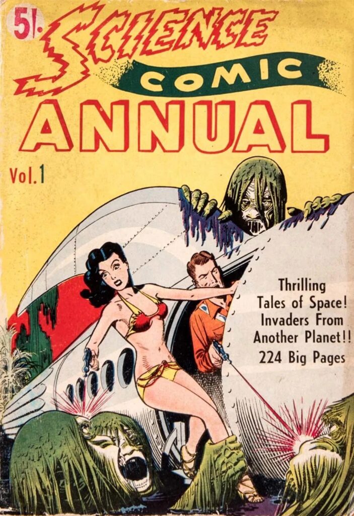 Little is known about Sydney-based publisher “T.B. Pub Co”, aka “T.B. Publications”, beyond titles such as this Science Comic Annual, featured on AusReprints, which featured stories from, for example, Strange Worlds and Eerie. These hybrid annuals often mixed harmless titles with edgier crime or horror-genre comic contents from other publishers (such as Avon), which, in the case of their “Action Comics” annual, triggered the total ban by Irish authorities. Archivist Geoff Harrison has posted information on Australia’s Action Comics of the 1940s and 50s on the New Zealand Comics Facebook Group