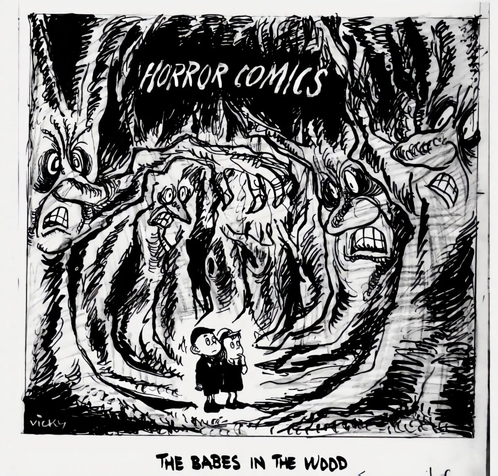 The peril of Horror Comics, highlighted by this Daily Mirror editorial cartoon by Vicky, 15th December 1954 - ironically, one of the publications some MPs suggested be censored