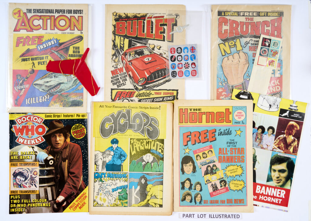 1970s No 1s plus, many with free gifts. Action 1 wfg Red Arrow, Bullet 1 wfg Secret Sign Ring and 16 stick-on symbols, Bullet Sports Special, Crunch 1 wfg Black Band and 6 stickers, Cyclops No 5, Doctor Who 1 wfg Transfers, Complete Fantastic Four 1 wfg Boeing 747 model kit, Fury No 1, Hornet 526 wfg All-Star Banners, Hulk 1, Rampage 1 wfg Concorde model kit, Rampage 1 Monthly, Roy of the Rovers No 1 wfg Big Football Chart, Scorcher 1, SMASH! 7 Feb 1970 wfg My Favourite Soccer Stars, Supersonic 1 wfg Bay City Rollers record, Target 1, Tarzan 1 wfg Survival Kit Bag, Thunder 1, 2 wfg Black Max's Bat, 3, Tornado 1, 2 and WOW 1 wfg Funny Face Maker [vg/fn/vfn] (24)