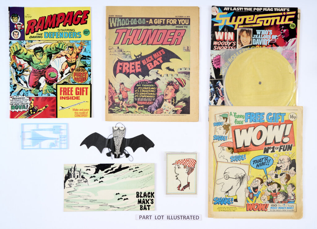 1970s No 1s plus, many with free gifts. Action 1 wfg Red Arrow, Bullet 1 wfg Secret Sign Ring and 16 stick-on symbols, Bullet Sports Special, Crunch 1 wfg Black Band and 6 stickers, Cyclops No 5, Doctor Who 1 wfg Transfers, Complete Fantastic Four 1 wfg Boeing 747 model kit, Fury No 1, Hornet 526 wfg All-Star Banners, Hulk 1, Rampage 1 wfg Concorde model kit, Rampage 1 Monthly, Roy of the Rovers No 1 wfg Big Football Chart, Scorcher 1, SMASH! 7 Feb 1970 wfg My Favourite Soccer Stars, Supersonic 1 wfg Bay City Rollers record, Target 1, Tarzan 1 wfg Survival Kit Bag, Thunder 1, 2 wfg Black Max's Bat, 3, Tornado 1, 2 and WOW 1 wfg Funny Face Maker [vg/fn/vfn] (24)