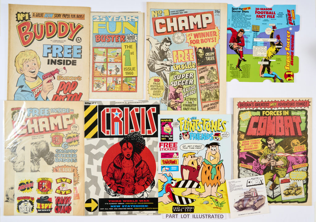 1980s No 1s, some wfgs. Buddy 1-3, Buster mini-comic free gift, Care Bears 1 wfg record disc, Champ 1 wfg Soccer Slide Guide, 2, 3, 4 wfg 6 Snappy Sticker Badges, Chips 1, Crisis 1, The Disney Magazine 1, Flintstones and Friends 1, Forces In Combat 1 wfg Tank Sticker, Future Tense 1 & 2, both wfgs Space Ship Building parts, Hoot 1, Mickey Mouse and Friends No 1 wfg Photo Album. Buddy 1 and Hoot 1 [vg], balance 16 issues [fn/vfn] (18)