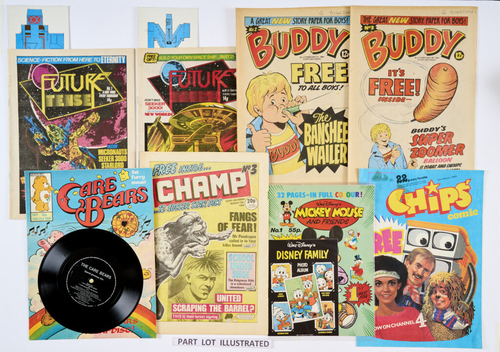 1980s No 1s, some wfgs. Buddy 1-3, Buster mini-comic free gift, Care Bears 1 wfg record disc, Champ 1 wfg Soccer Slide Guide, 2, 3, 4 wfg 6 Snappy Sticker Badges, Chips 1, Crisis 1, The Disney Magazine 1, Flintstones and Friends 1, Forces In Combat 1 wfg Tank Sticker, Future Tense 1 & 2, both wfgs Space Ship Building parts, Hoot 1, Mickey Mouse and Friends No 1 wfg Photo Album. Buddy 1 and Hoot 1 [vg], balance 16 issues [fn/vfn] (18)