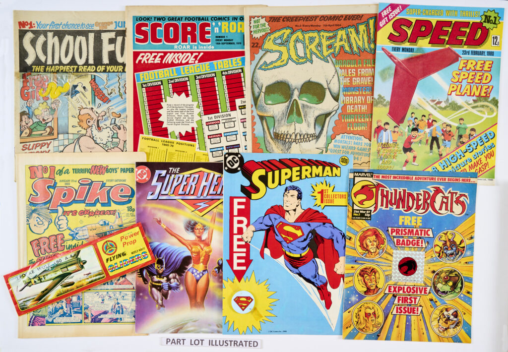 1980s No 1s + some wfgs. School Fun 1 [vg] wfg Slippy Sticky Snake, 2 [vg], 3, Score'n'Roar 1, Scream 3, Speed 1, Spike 1 wfg Super Swooper Glider, Superheroes 1, Superman 1 wfg Superman Badge, Thundercats 1 wfg Prismatic Badge, Triffik 1, TV Help 1, Visionaries 1 wfg Hologram, Wheels 1, WOW! 1 wfg Funny Face [fn/fn+] (15)