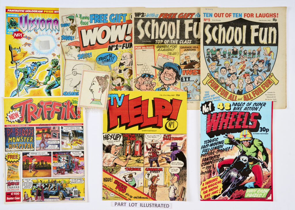 1980s No 1s + some wfgs. School Fun 1 [vg] wfg Slippy Sticky Snake, 2 [vg], 3, Score'n'Roar 1, Scream 3, Speed 1, Spike 1 wfg Super Swooper Glider, Superheroes 1, Superman 1 wfg Superman Badge, Thundercats 1 wfg Prismatic Badge, Triffik 1, TV Help 1, Visionaries 1 wfg Hologram, Wheels 1, WOW! 1 wfg Funny Face [fn/fn+] (15)