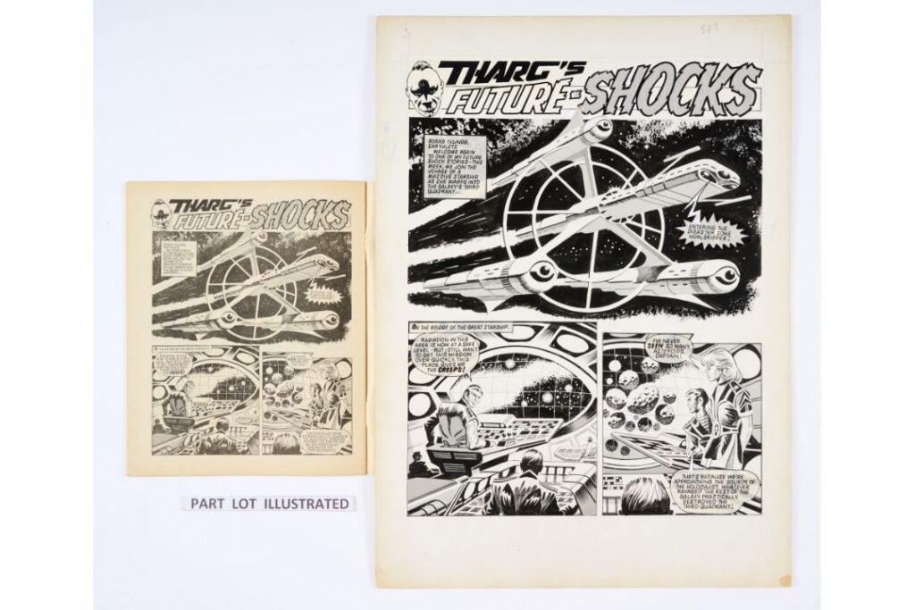 'Tharg's Future Shocks': two original artworks by Ron Turner (1977) from 2000 AD prog 30 pgs 28 & 29 with original comic. 'A Galactic Alliance Starship is attacked in the graveyard of dead ships…' Pen and ink with Letraset on board. 21 x 16 ins (2 artworks, 1 comic)