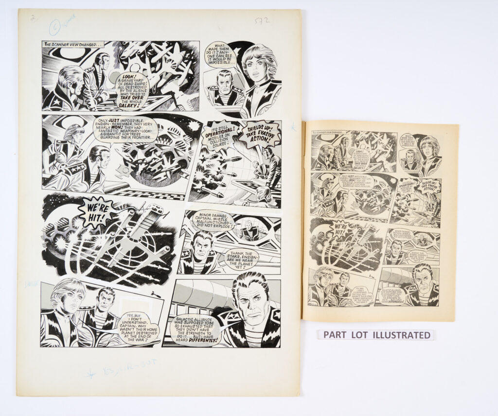 'Tharg's Future Shocks': two original artworks by Ron Turner (1977) from 2000 AD prog 30 pgs 28 & 29 with original comic. 'A Galactic Alliance Starship is attacked in the graveyard of dead ships…' Pen and ink with Letraset on board. 21 x 16 ins (2 artworks, 1 comic)