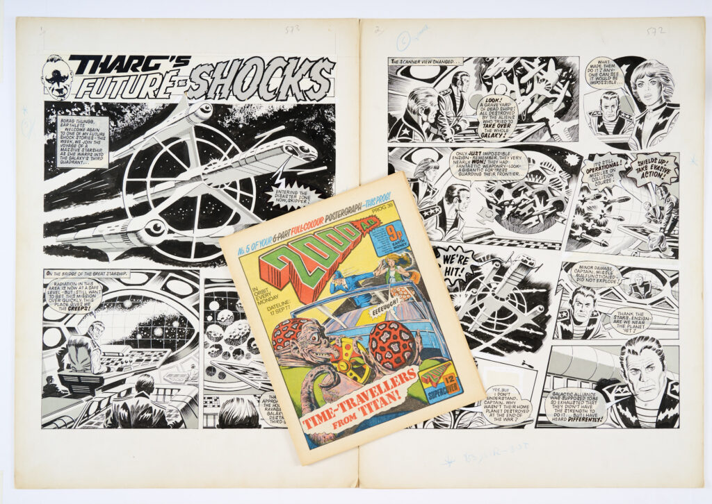 'Tharg's Future Shocks': two original artworks by Ron Turner (1977) from 2000 AD prog 30 pgs 28 & 29 with original comic. 'A Galactic Alliance Starship is attacked in the graveyard of dead ships…' Pen and ink with Letraset on board. 21 x 16 ins (2 artworks, 1 comic)