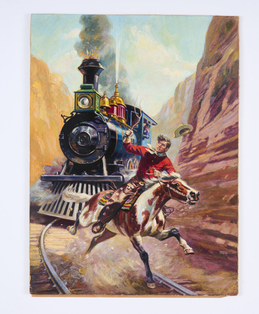 'A Wild Ride' original artwork drawn, painted and signed to the protection sheet by Derek Eyles (Date unverified but possibly a pre-war artwork for a 'Chums' style annual). Gouache on board. 17. x 13 ins