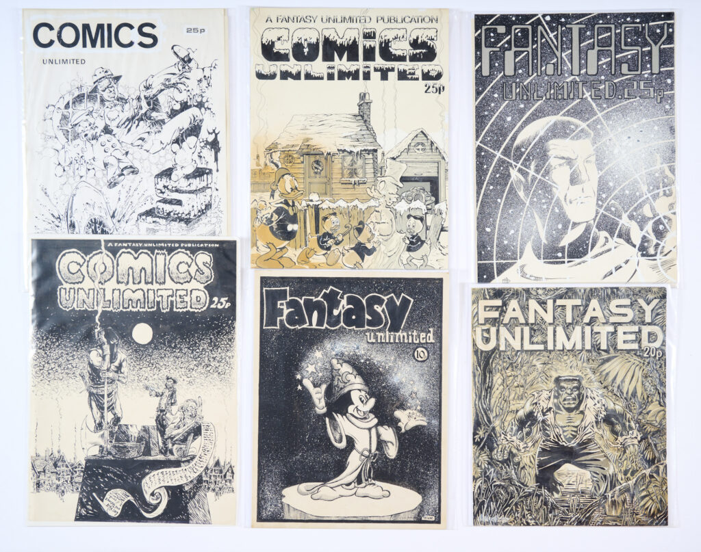 Six original front cover artworks from the Alan Austin Archive (1970s) created for his fanzines: Fantasy Unlimited and Comics Unlimited. They include The Spirit drawn and signed by Rafa Gonzales, Donald Duck/Uncle Scrooge and Incredible Hulk (1975) both drawn by Antonio Ghura, The Executioner (1976) drawn and initialled by Russ Nicholson, Mickey Mouse (1972) drawn and signed by Peter Parkin and Mr Spock (1975) drawn and signed by Jean-Daniel Breque. D Duck has some moisture weakness to LH bottom of artwork [gd/vg], balance [fn/vfn]. Pen and ink on card and paper. 8 x 10 ins each (6 artworks). Proceeds to Kidney Cancer UK.