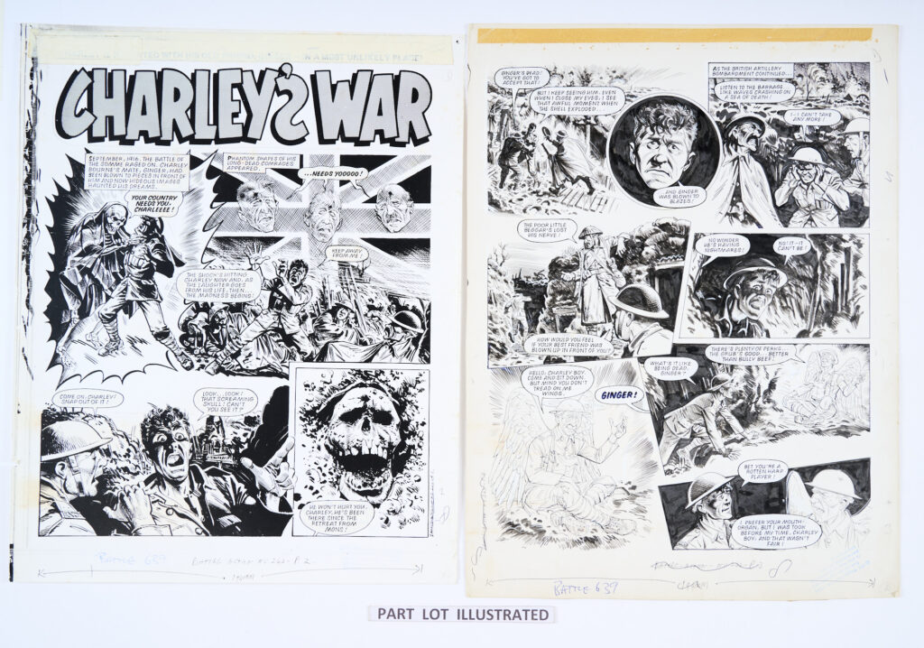 Charley's War (1979) 2 original artworks and 1 photocopy artwork (completing the episode) by Joe Colquohoun for Battle-Action No 242 pgs 2-4. September, 1916: The battle of the Somme raged on, Charley Bourne's mate, Ginger, had been blown to pieces in front of him and now hideous images haunted his dreams. Pen and ink on card. 18 x 15 ins (1 photocopy, 2 artworks)