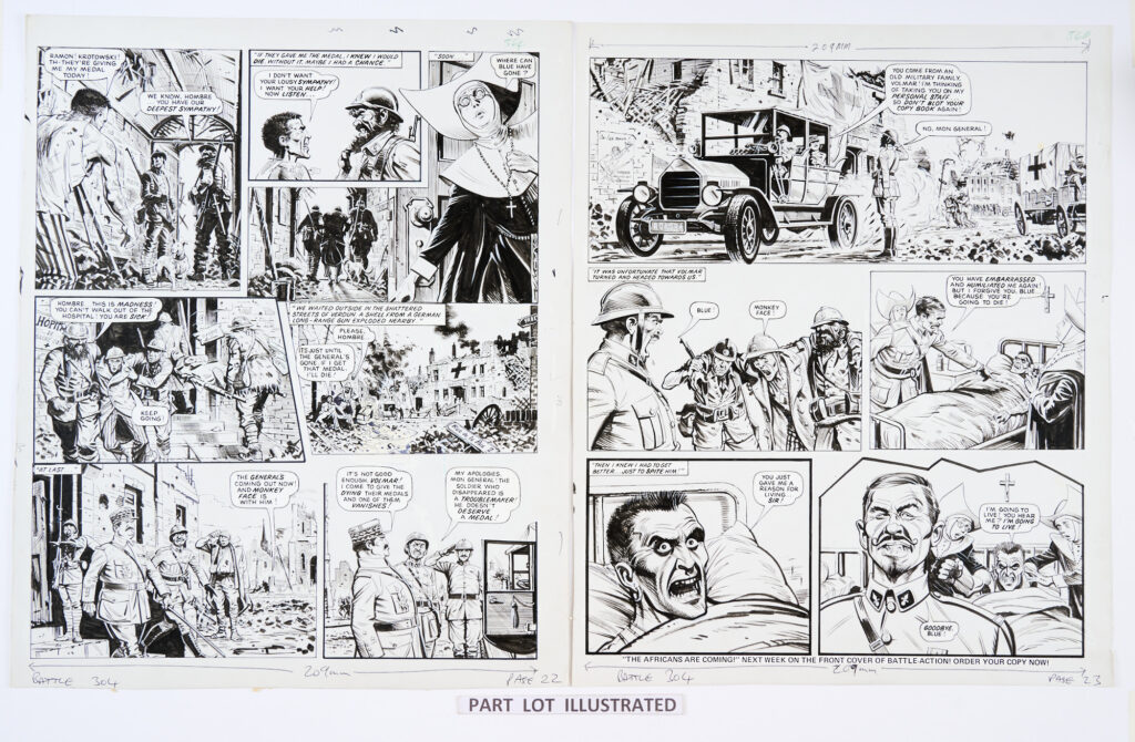 Charley's War (1979) 4 original artworks by Joe Colquhoun with script by Pat Mills for Battle 304, pgs 20-23. 'Charley Bourne was helping a deserter… a Briton of the French Foreign Legion called Blue. Blue continued his story of the battle for Verdun. The last great German attack on the city had been broken... but Blue himself had been gassed!' Pen and ink on card. 18 x 15 ins (4 artworks)