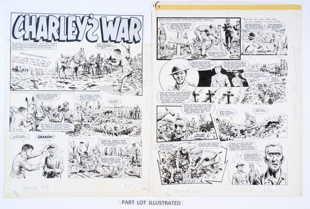 Charley's War (1979) 3 original artworks by Joe Colquhoun with script by Pat Mills for Battle No 613 pages 29-31. The Battle of the Somme … July 1916. After heavy fighting, Charley Bourne and his comrades had been pulled out of the front-line..' Pen and ink on card. 18 x 15 ins (3 artworks)