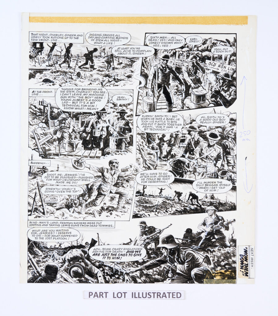 Charley's War (1979) 3 original artworks by Joe Colquhoun with script by Pat Mills for Battle No 613 pages 29-31. The Battle of the Somme … July 1916. After heavy fighting, Charley Bourne and his comrades had been pulled out of the front-line..' Pen and ink on card. 18 x 15 ins (3 artworks)