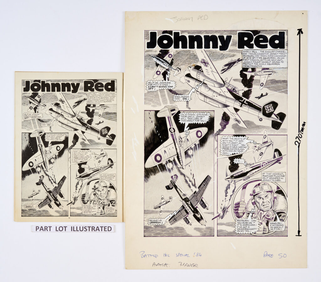 Johnny Red: 6 original (complete story) artworks by Ron Turner (1984) for Battle Holiday Special 1984 pages 50-55 (included in the lot). 'March 1944 - The English Channel. Johnny "Red" Redburn had taken over command of 373 Spitfire squadron. On his first mission with his new unit Johnny had to protect the whole squadron from disaster as a furious dogfight develops...' Black ink and wash on card. 20 x 14 ins (6 artworks, 1 comic)