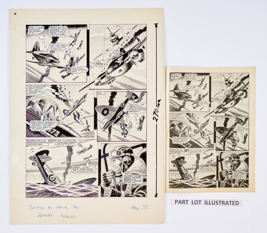 Johnny Red: 6 original (complete story) artworks by Ron Turner (1984) for Battle Holiday Special 1984 pages 50-55 (included in the lot). 'March 1944 - The English Channel. Johnny "Red" Redburn had taken over command of 373 Spitfire squadron. On his first mission with his new unit Johnny had to protect the whole squadron from disaster as a furious dogfight develops...' Black ink and wash on card. 20 x 14 ins (6 artworks, 1 comic)