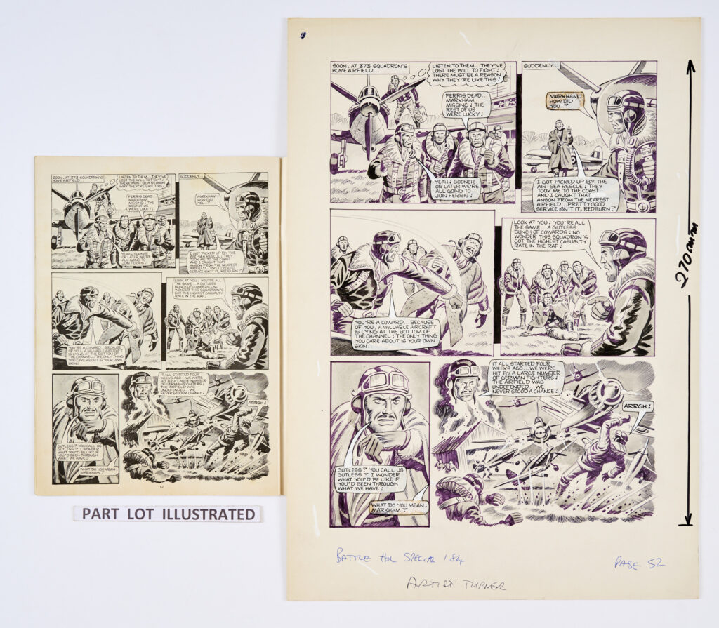 Johnny Red: 6 original (complete story) artworks by Ron Turner (1984) for Battle Holiday Special 1984 pages 50-55 (included in the lot). 'March 1944 - The English Channel. Johnny "Red" Redburn had taken over command of 373 Spitfire squadron. On his first mission with his new unit Johnny had to protect the whole squadron from disaster as a furious dogfight develops...' Black ink and wash on card. 20 x 14 ins (6 artworks, 1 comic)