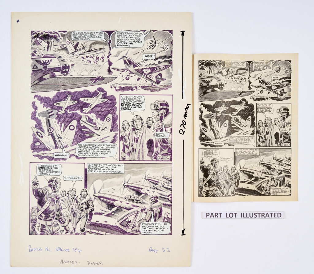 Johnny Red: 6 original (complete story) artworks by Ron Turner (1984) for Battle Holiday Special 1984 pages 50-55 (included in the lot). 'March 1944 - The English Channel. Johnny "Red" Redburn had taken over command of 373 Spitfire squadron. On his first mission with his new unit Johnny had to protect the whole squadron from disaster as a furious dogfight develops...' Black ink and wash on card. 20 x 14 ins (6 artworks, 1 comic)