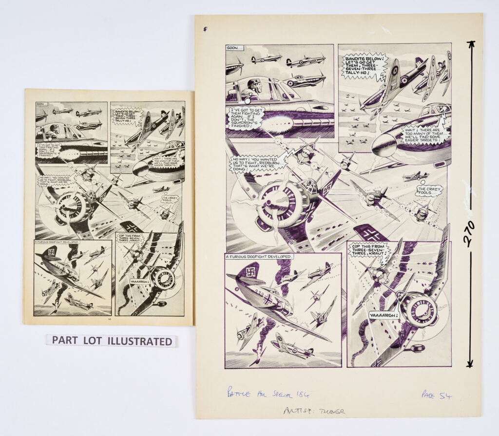 Johnny Red: 6 original (complete story) artworks by Ron Turner (1984) for Battle Holiday Special 1984 pages 50-55 (included in the lot). 'March 1944 - The English Channel. Johnny "Red" Redburn had taken over command of 373 Spitfire squadron. On his first mission with his new unit Johnny had to protect the whole squadron from disaster as a furious dogfight develops...' Black ink and wash on card. 20 x 14 ins (6 artworks, 1 comic)