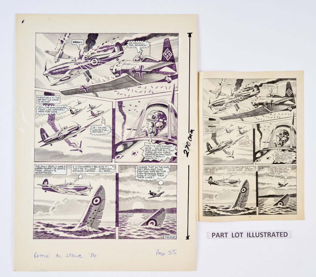Johnny Red: 6 original (complete story) artworks by Ron Turner (1984) for Battle Holiday Special 1984 pages 50-55 (included in the lot). 'March 1944 - The English Channel. Johnny "Red" Redburn had taken over command of 373 Spitfire squadron. On his first mission with his new unit Johnny had to protect the whole squadron from disaster as a furious dogfight develops...' Black ink and wash on card. 20 x 14 ins (6 artworks, 1 comic)