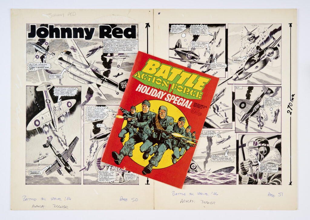 Johnny Red: 6 original (complete story) artworks by Ron Turner (1984) for Battle Holiday Special 1984 pages 50-55 (included in the lot). 'March 1944 - The English Channel. Johnny "Red" Redburn had taken over command of 373 Spitfire squadron. On his first mission with his new unit Johnny had to protect the whole squadron from disaster as a furious dogfight develops...' Black ink and wash on card. 20 x 14 ins (6 artworks, 1 comic)