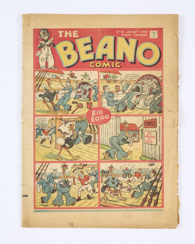 Beano 78 (cover dated 20th January 1940) Propaganda war issue. Wild Boy of the Woods condemned as a British spy. Frosty McNab freezes a U-Boat! Tan pages with right-hand edge wear and back page 3 ins tear, no loss [gd+]
