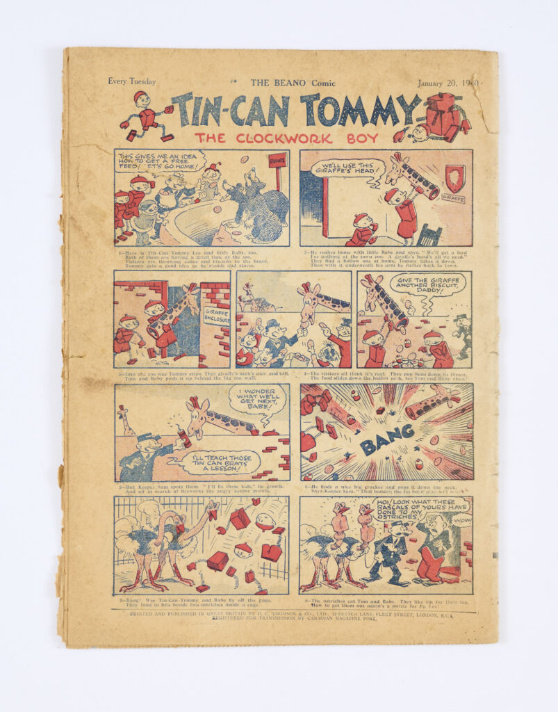 Beano 78 (cover dated 20th January 1940) Propaganda war issue. Wild Boy of the Woods condemned as a British spy. Frosty McNab freezes a U-Boat! Tan pages with right-hand edge wear and back page 3 ins tear, no loss [gd+]