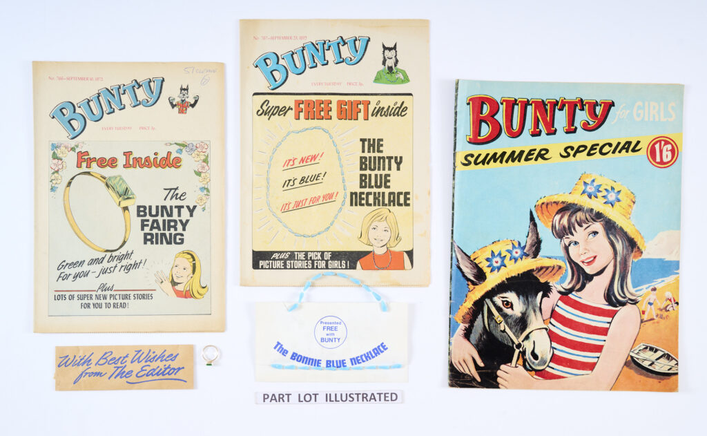 Bunty (1972) 729-781. Near complete year (missing 747, 776-778). No 766 wfg Bunty Fairy Ring, No 767 wfg Bunty Blue Necklace. With Bunty's back cover Cut-Out wardrobe (all intact) and Bunty Summer Special 1969 [vg+]. A few comics [vg], balance [fn/vfn] (50)