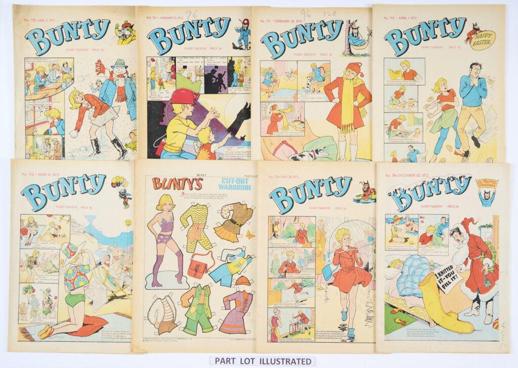 Bunty (1972) 729-781. Near complete year (missing 747, 776-778). No 766 wfg Bunty Fairy Ring, No 767 wfg Bunty Blue Necklace. With Bunty's back cover Cut-Out wardrobe (all intact) and Bunty Summer Special 1969 [vg+]. A few comics [vg], balance [fn/vfn] (50)