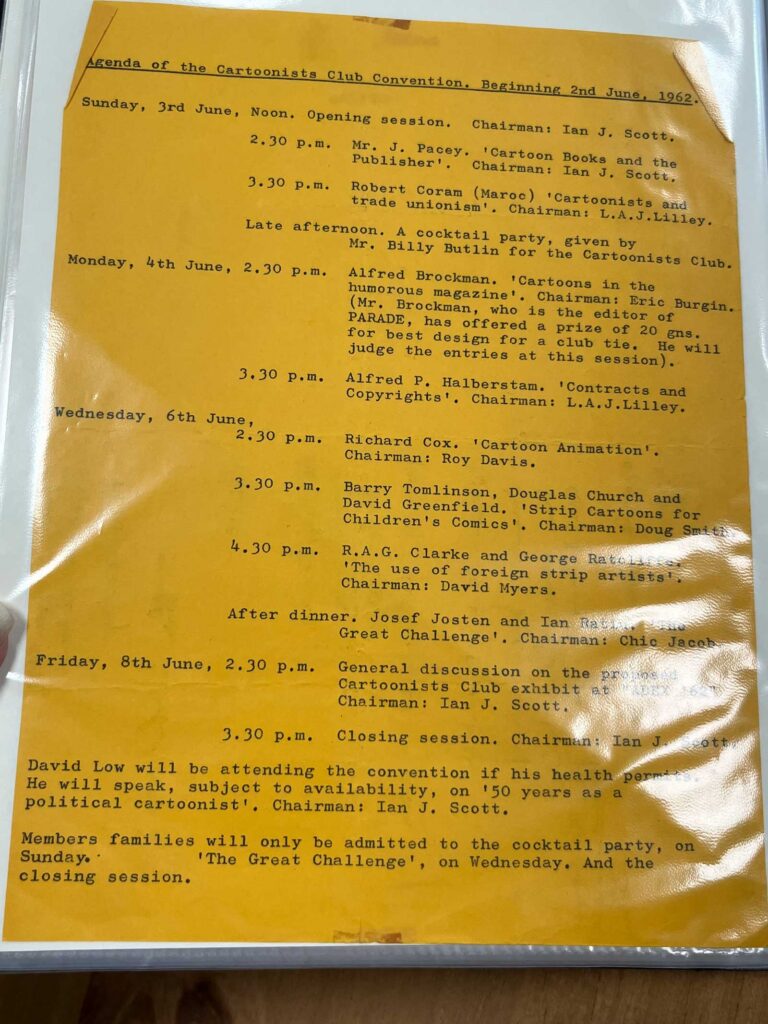 Barrie Tomlinson (incorrectly listed as "Barry Tomlinson") was one of the speakers at the first Cartoonists Club Convention, held in Bognor Regis, West Sussex, in June 1962 | From the Barrie Tomlinson Archive