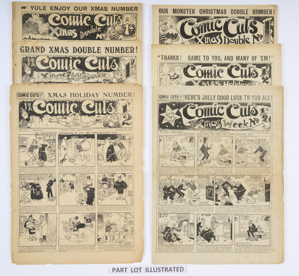 Comic Cuts Xmas issues (1911-1917). 1128 Xmas Double Number, 1180 Xmas Double Number, 1181 Xmas Holiday Number, 1282 Xmas Double number, 1337 Xmas Holiday Number, 1389 Xmas Week, 1439 Grand Xmas Number with Butterfly 1187 New Year 1940 and Tip Top New Year Number 1948 [gd/vg] (9)