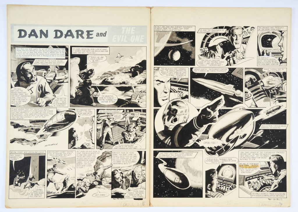 'Dan Dare and the Evil One': two original artworks (1962) by Keith Watson (board 1 signed) for The Eagle Vol. 13, No 51 pages 1 & 2. 'Dan Dare was held captive by the evil scientific genius, Van Malus, who was defying not only the Earth Spacefleet, but also a force sent to hunt him down from a distant part of the galaxy - they were being heavily attacked....' Black paint and wash on board. 21 x 15 ins (2 artworks)